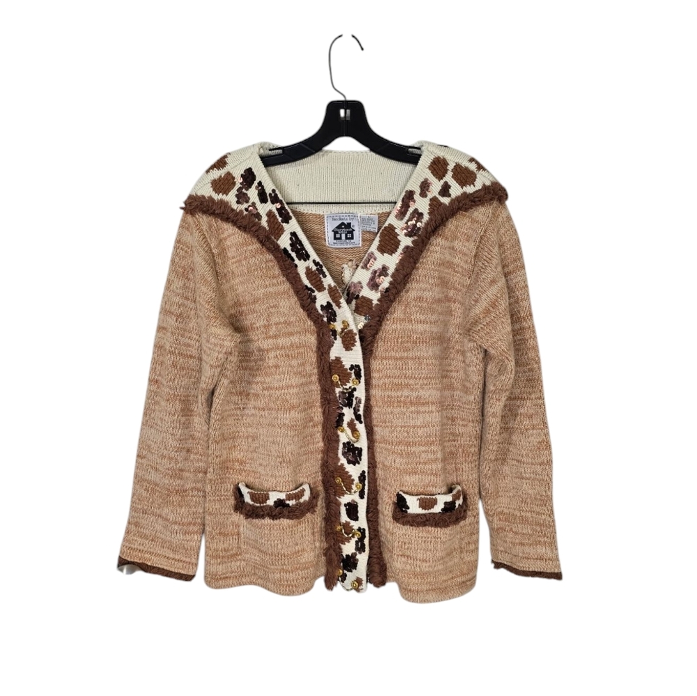 VTG Storybook Knits Bedazzled Giraffe Print Cardigan Sweater Larg Sequin Teacher